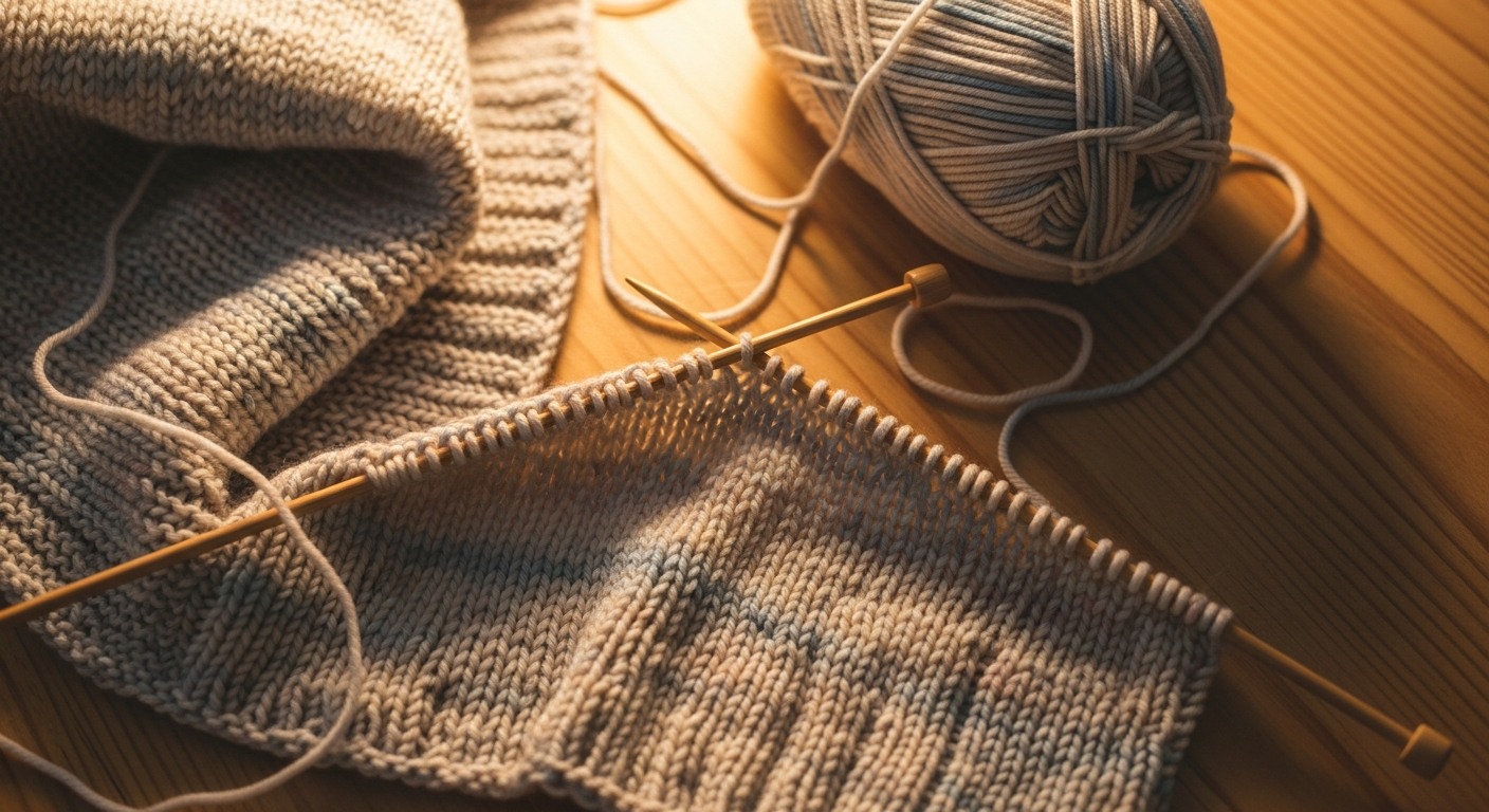 Процесс вязания спицами — пряжа и спицы на деревянном столе