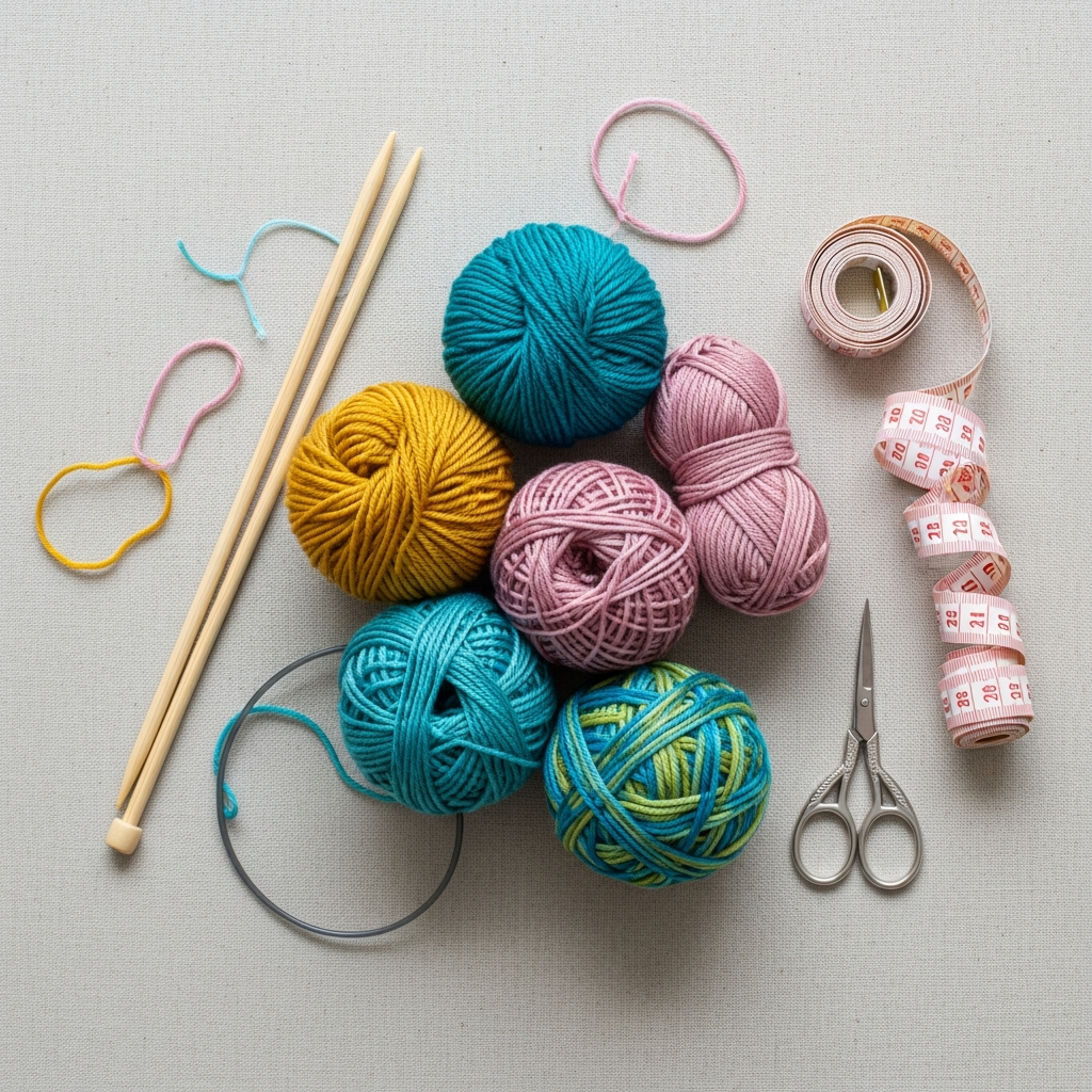 Инструменты для вязания — пряжа, спицы, ножницы